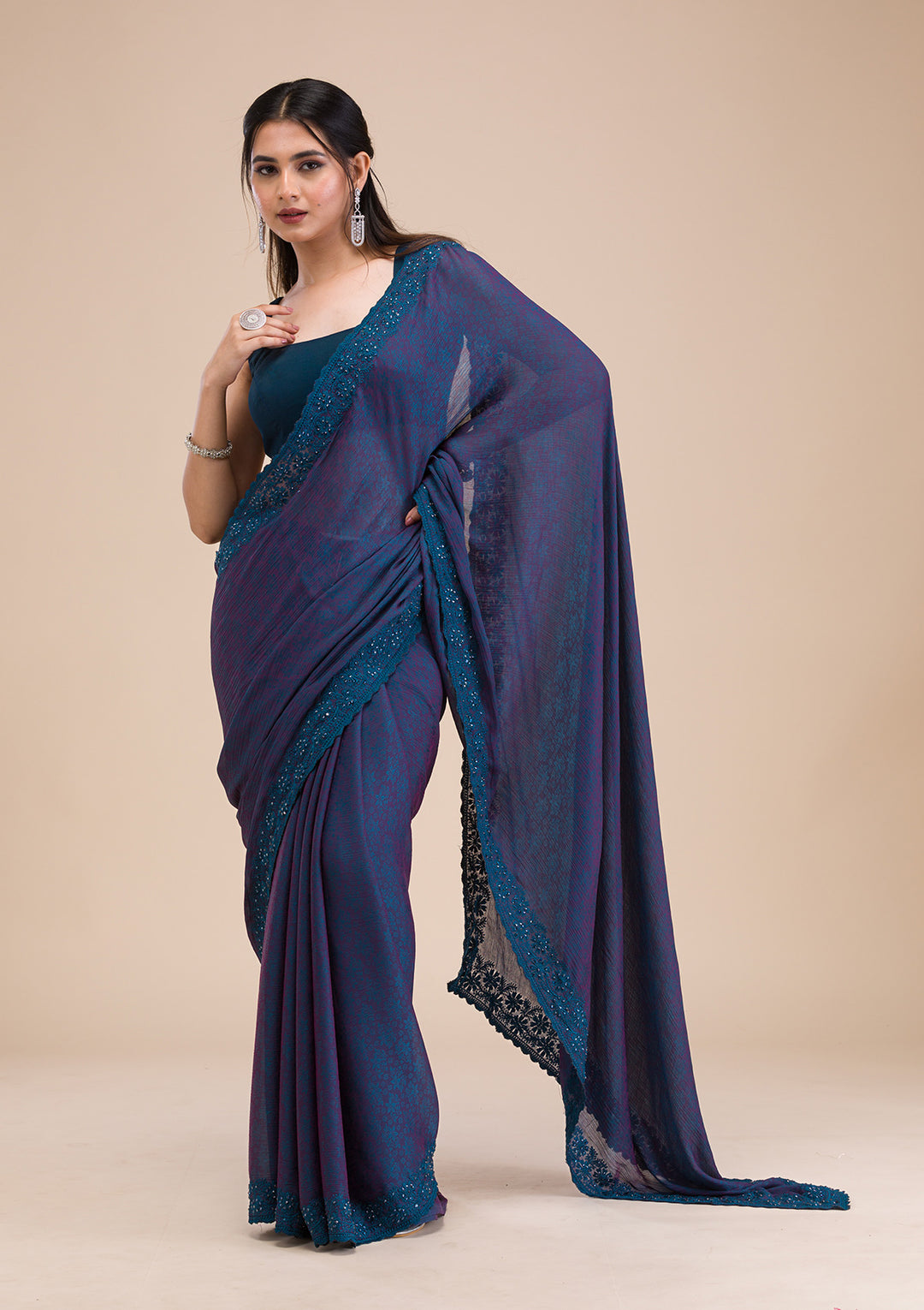 Peacock Blue Printed Georgette Saree