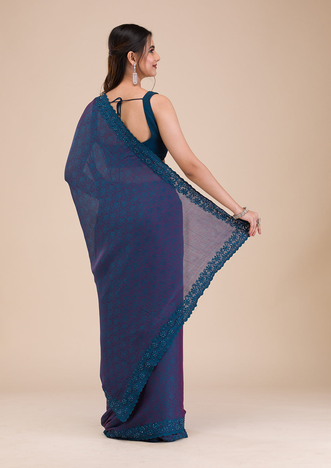 Peacock Blue Printed Georgette Saree