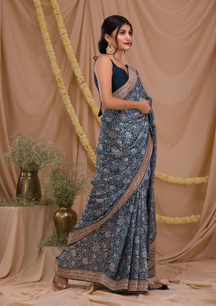 Peacock Blue Printed Organza Saree