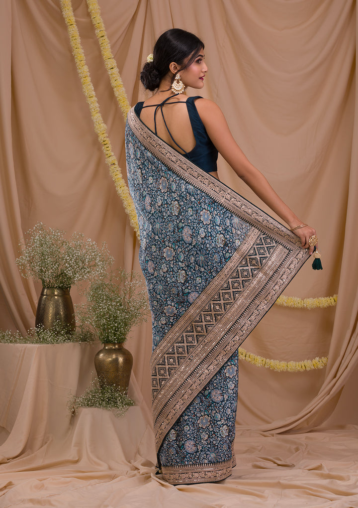 Peacock Blue Printed Organza Saree