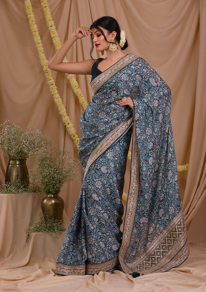 Peacock Blue Printed Organza Saree