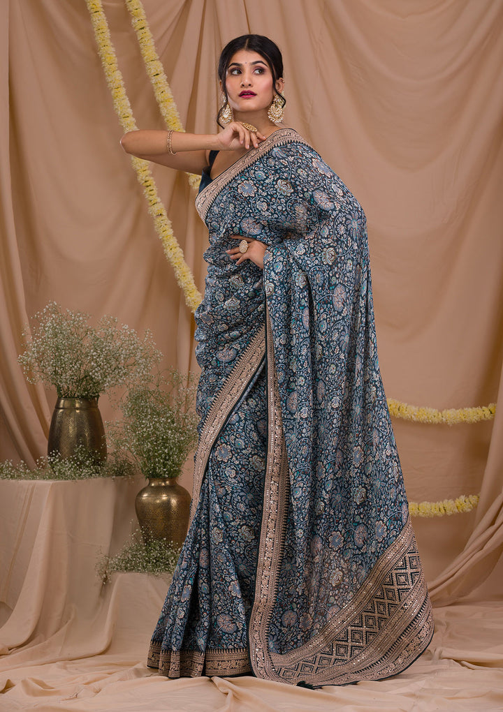 Peacock Blue Printed Organza Saree