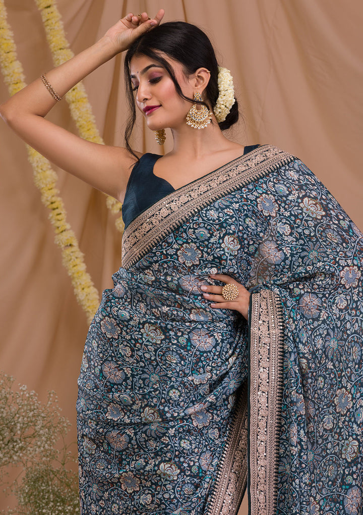 Peacock Blue Printed Organza Saree