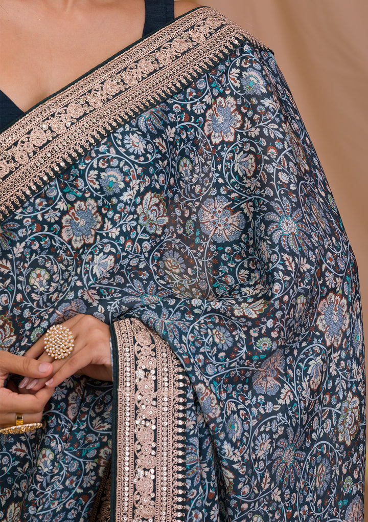 Peacock Blue Printed Organza Saree