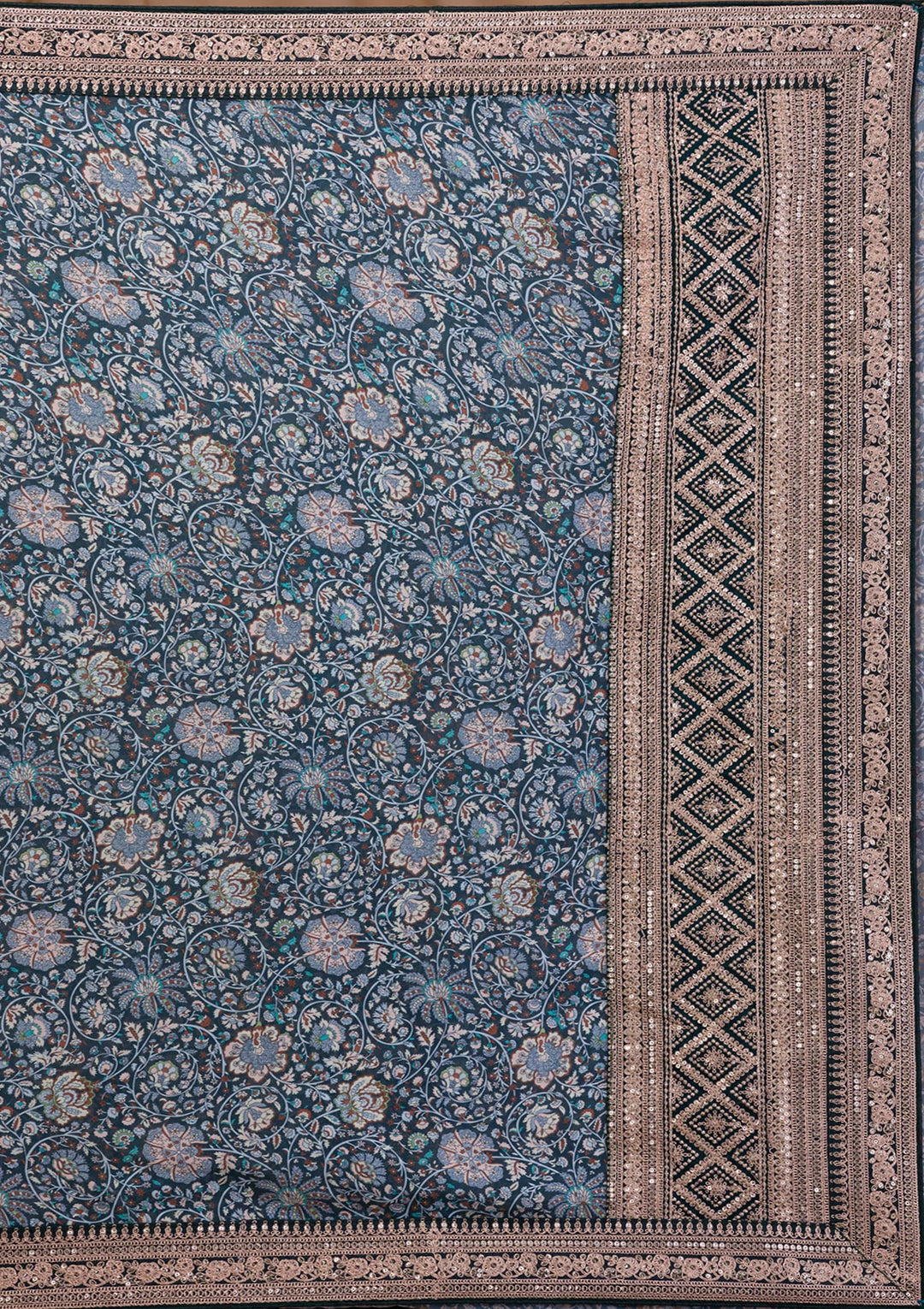 Peacock Blue Printed Organza Saree