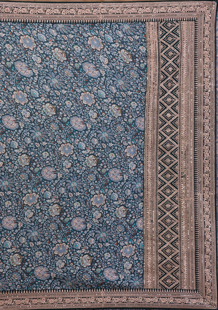 Peacock Blue Printed Organza Saree