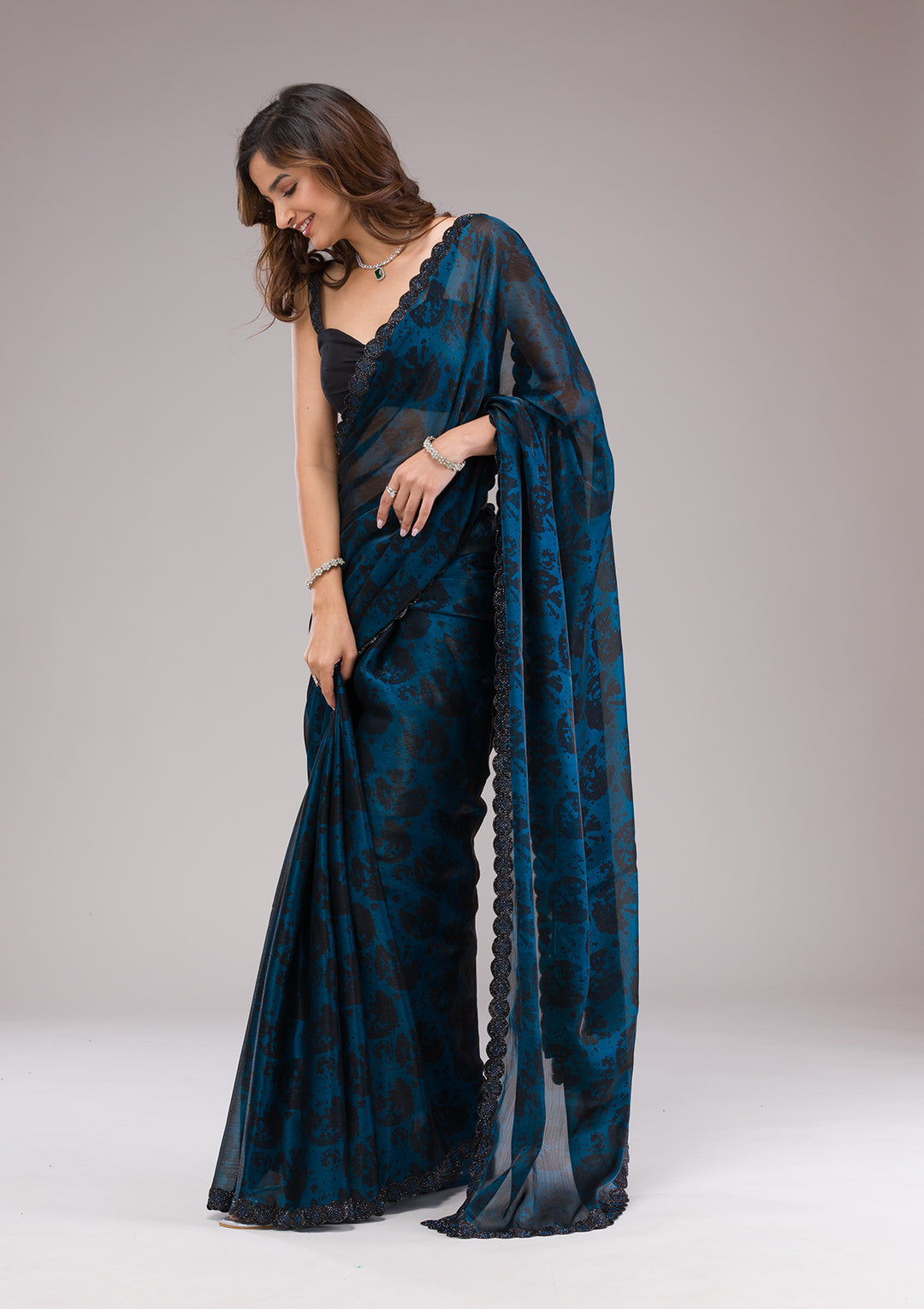 Peacock Blue Printed Organza Saree