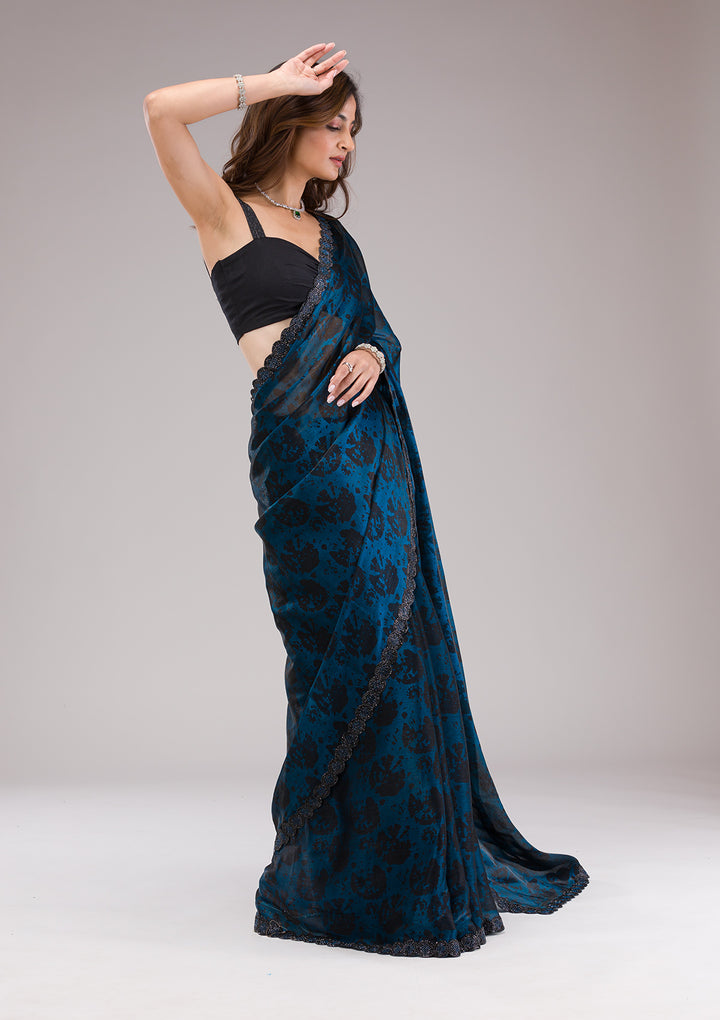 Peacock Blue Printed Organza Saree