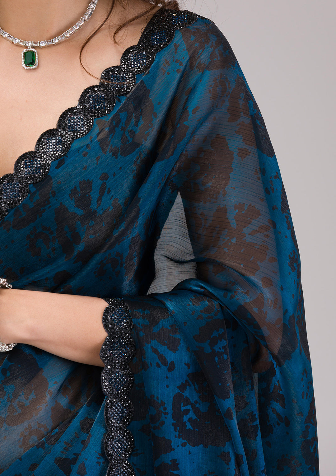 Peacock Blue Printed Organza Saree
