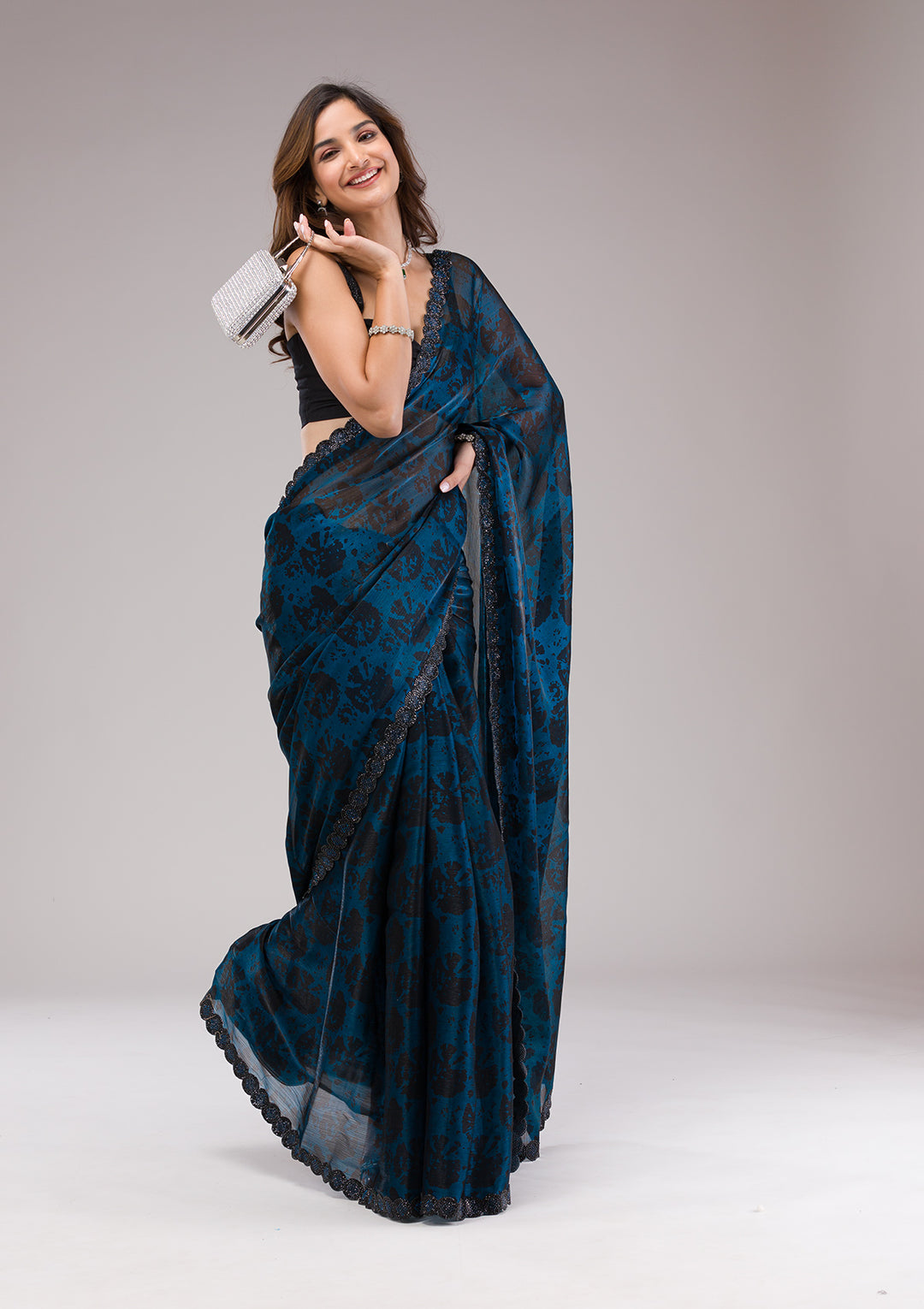 Peacock Blue Printed Organza Saree