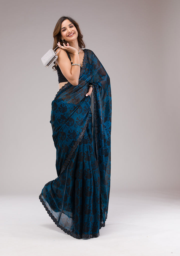 Peacock Blue Printed Organza Saree