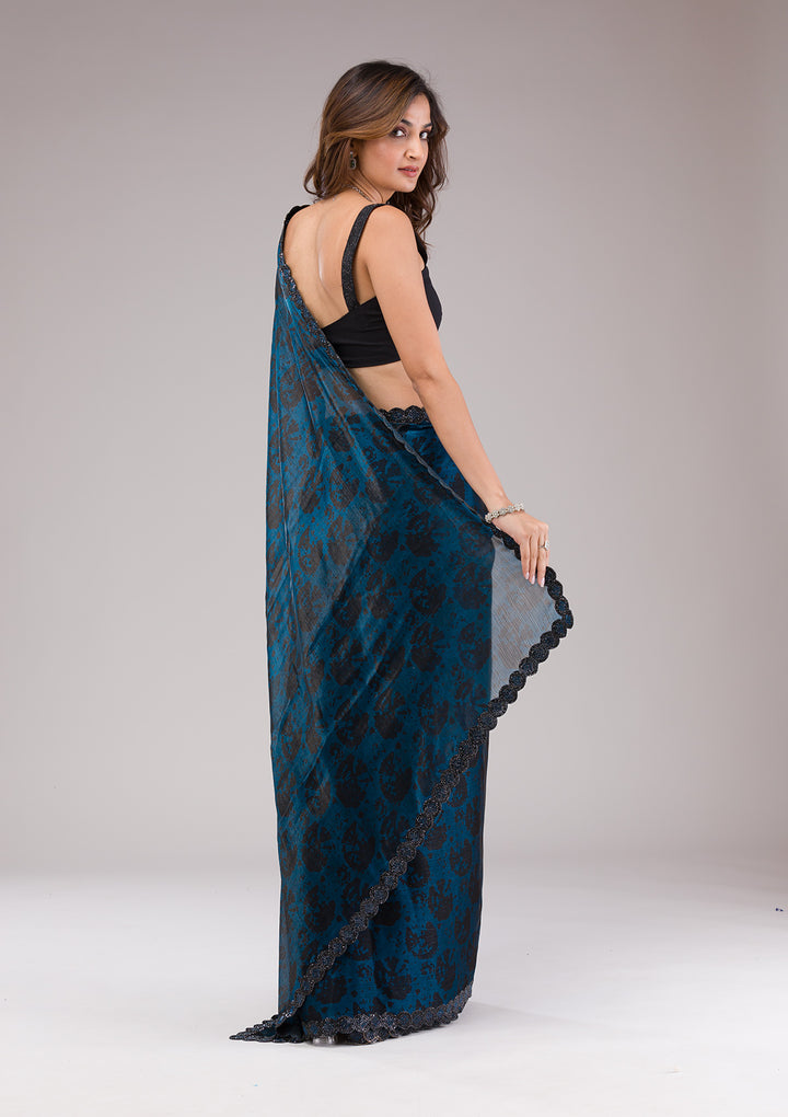 Peacock Blue Printed Organza Saree