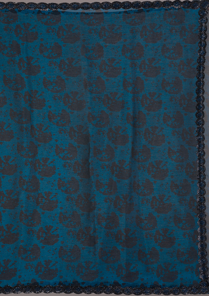 Peacock Blue Printed Organza Saree