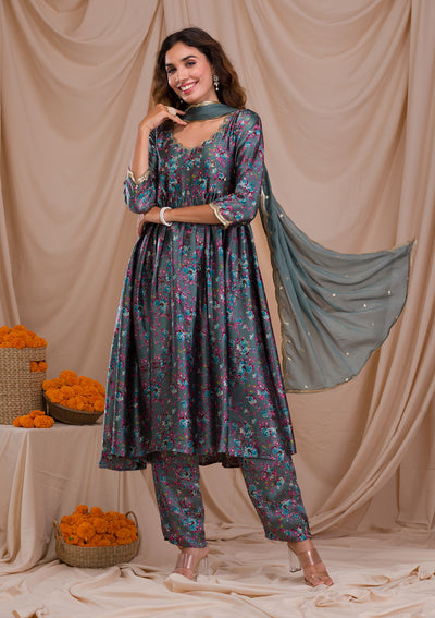 Peacock Blue Printed Semi Crepe Readymade Salwar Suit-Koskii