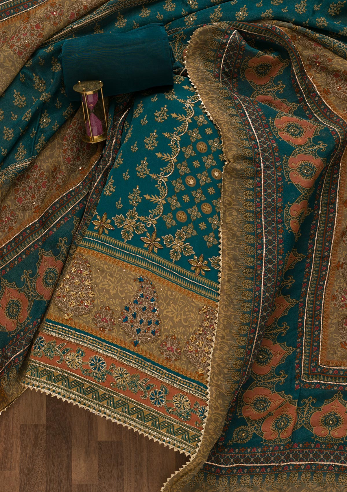 Peacock Blue Printed Crepe Unstitched Salwar Suit-Koskii
