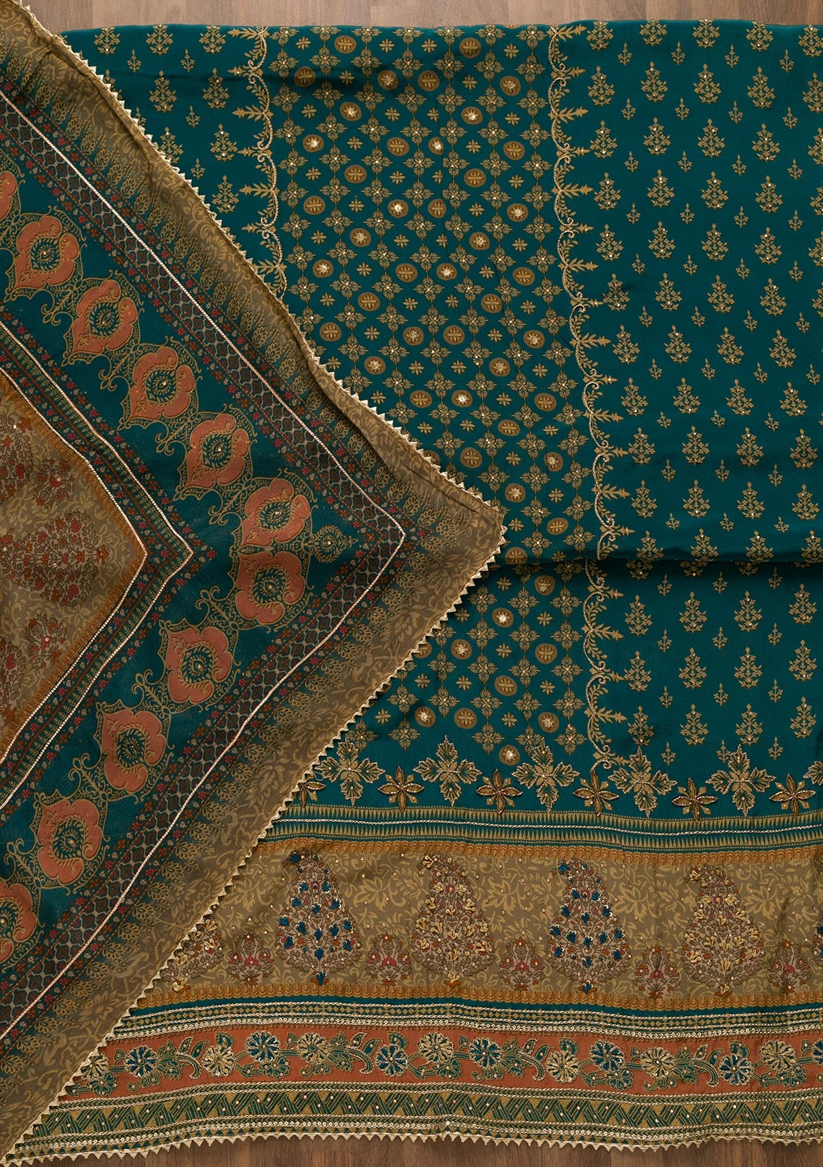 Peacock Blue Printed Crepe Unstitched Salwar Suit