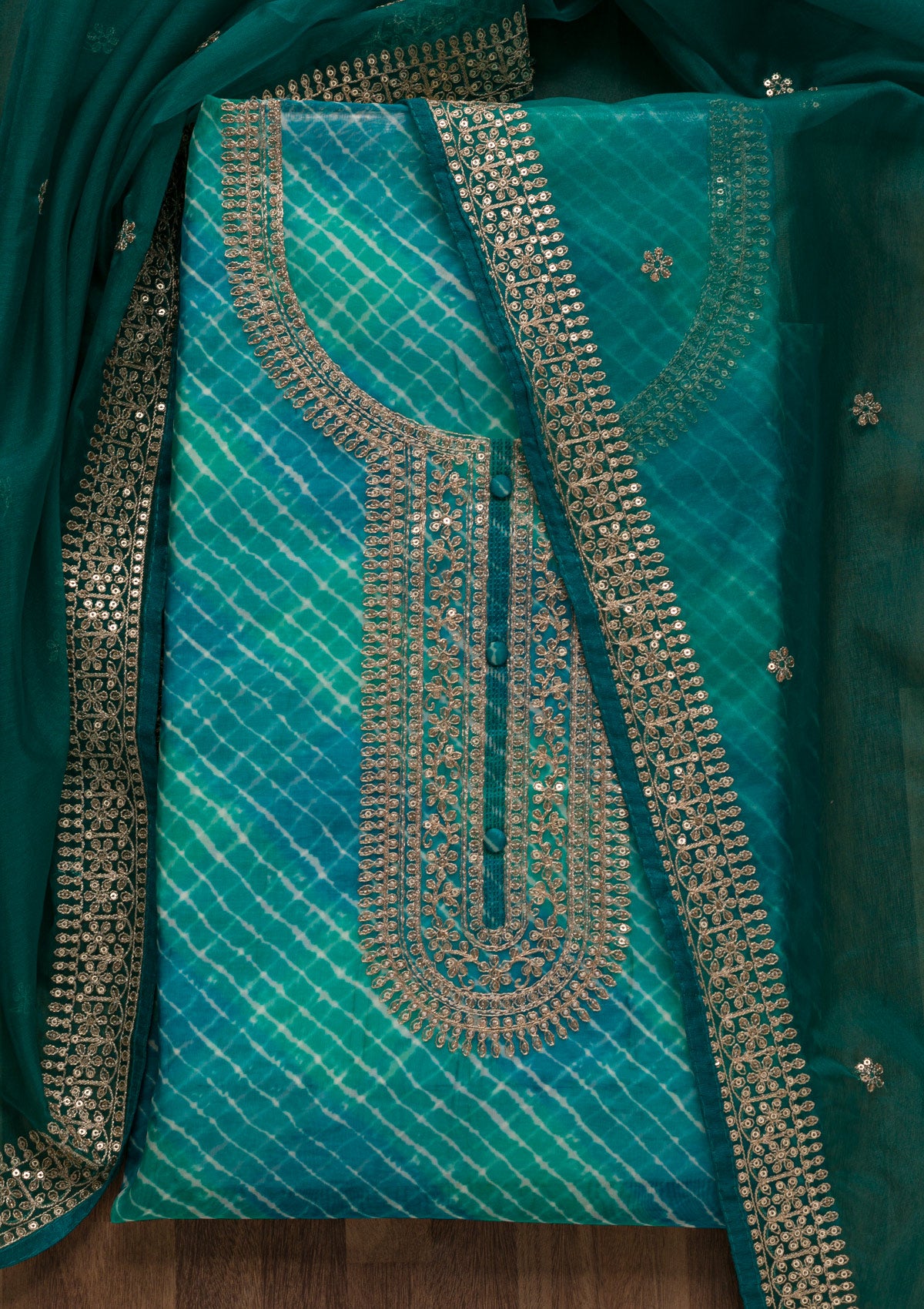 Peacock Blue Printed Tissue Unstitched Salwar Suit