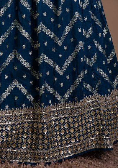 Peacock Blue Sequins Banarasi Readymade Lehenga