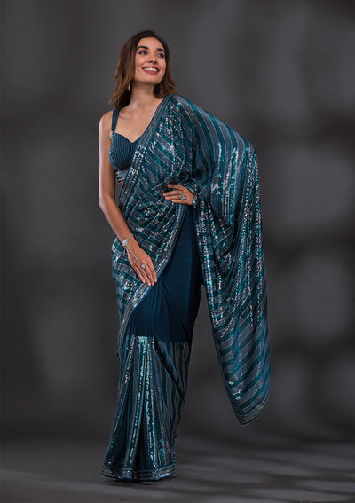 Peacock Blue Sequins Georgette Saree-Koskii