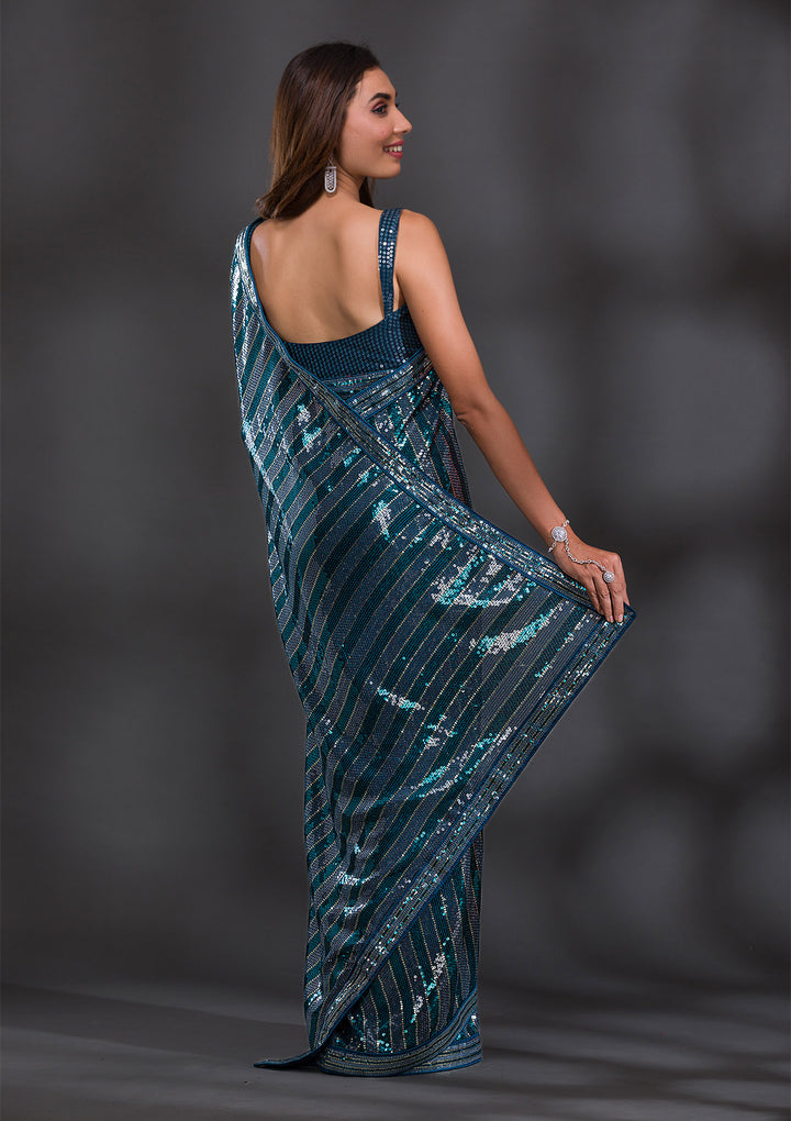 Peacock Blue Sequins Georgette Saree