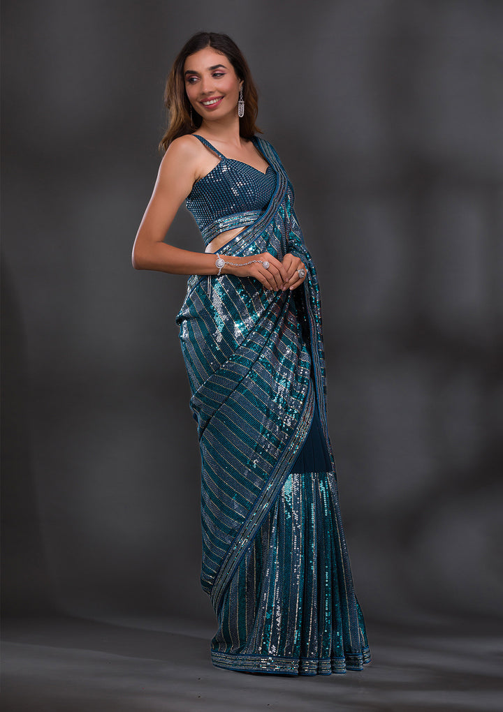 Peacock Blue Sequins Georgette Saree