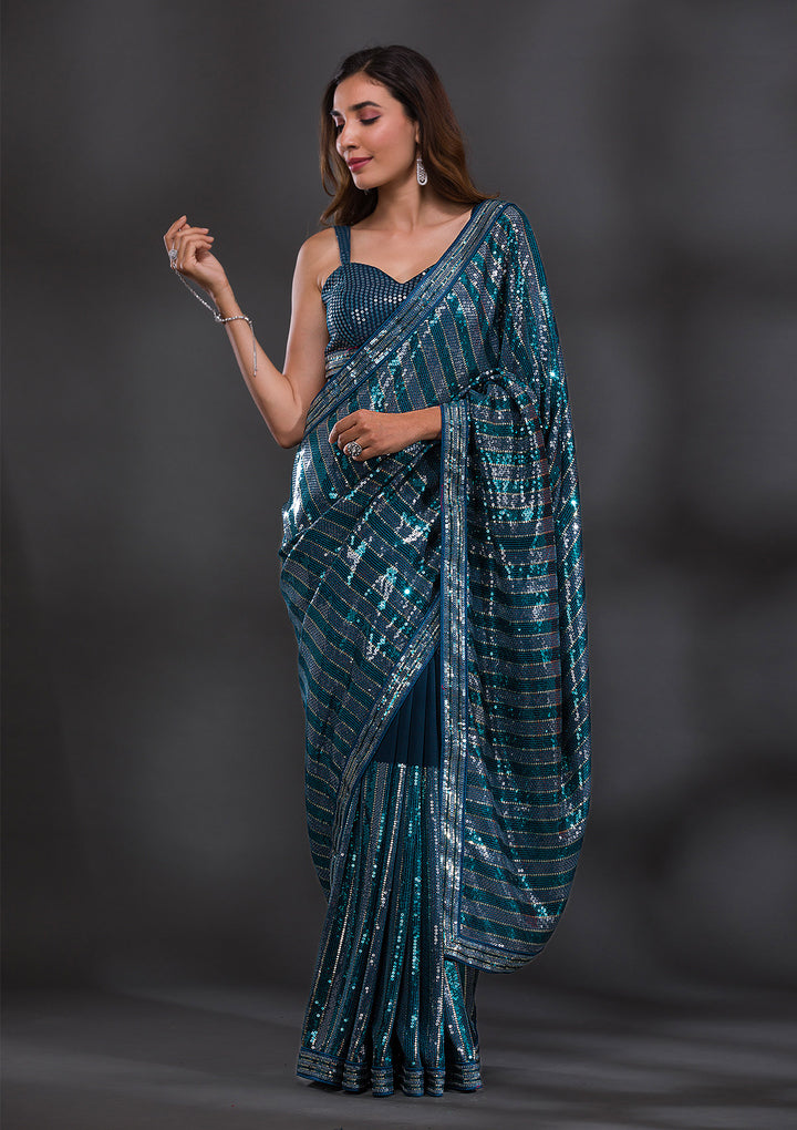 Peacock Blue Sequins Georgette Saree