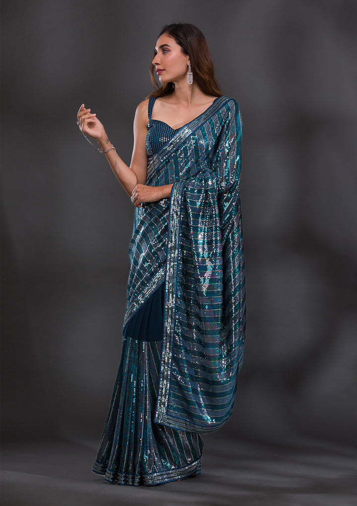 Peacock Blue Sequins Georgette Saree
