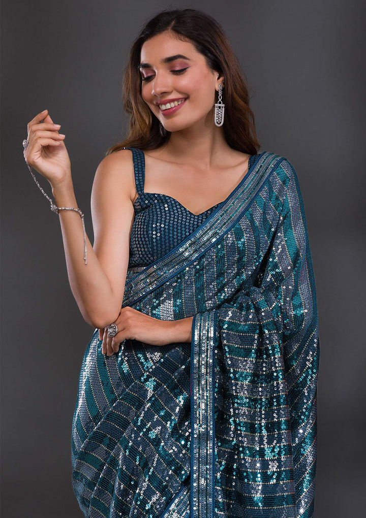 Peacock Blue Sequins Georgette Saree