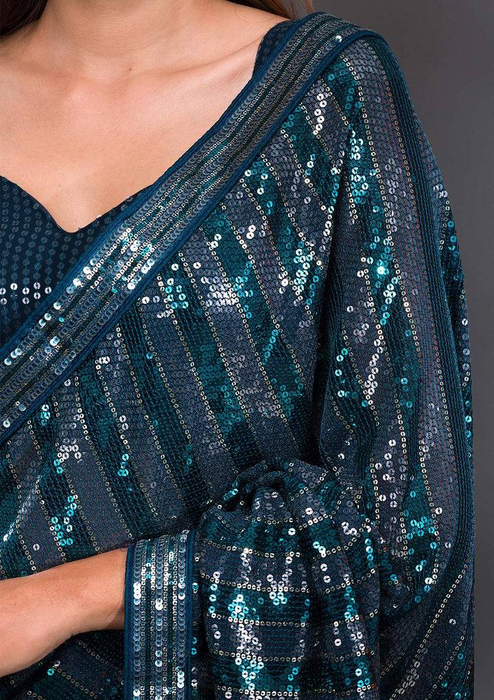 Peacock Blue Sequins Georgette Saree