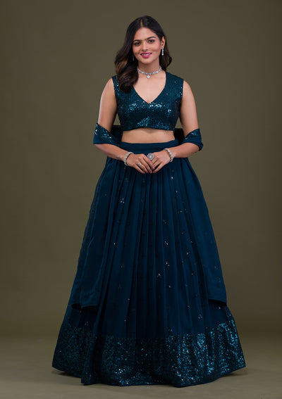Peacock Blue Sequins Georgette Semi-Stitched Lehenga-Koskii