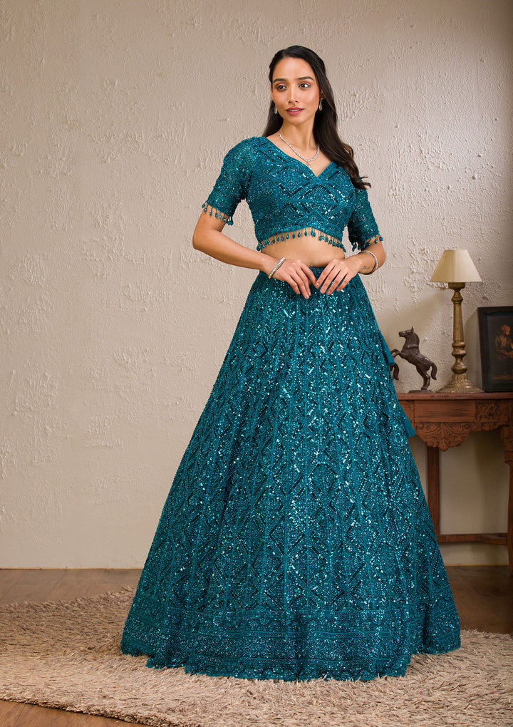 Peacock Blue Sequins Net Readymade Lehenga