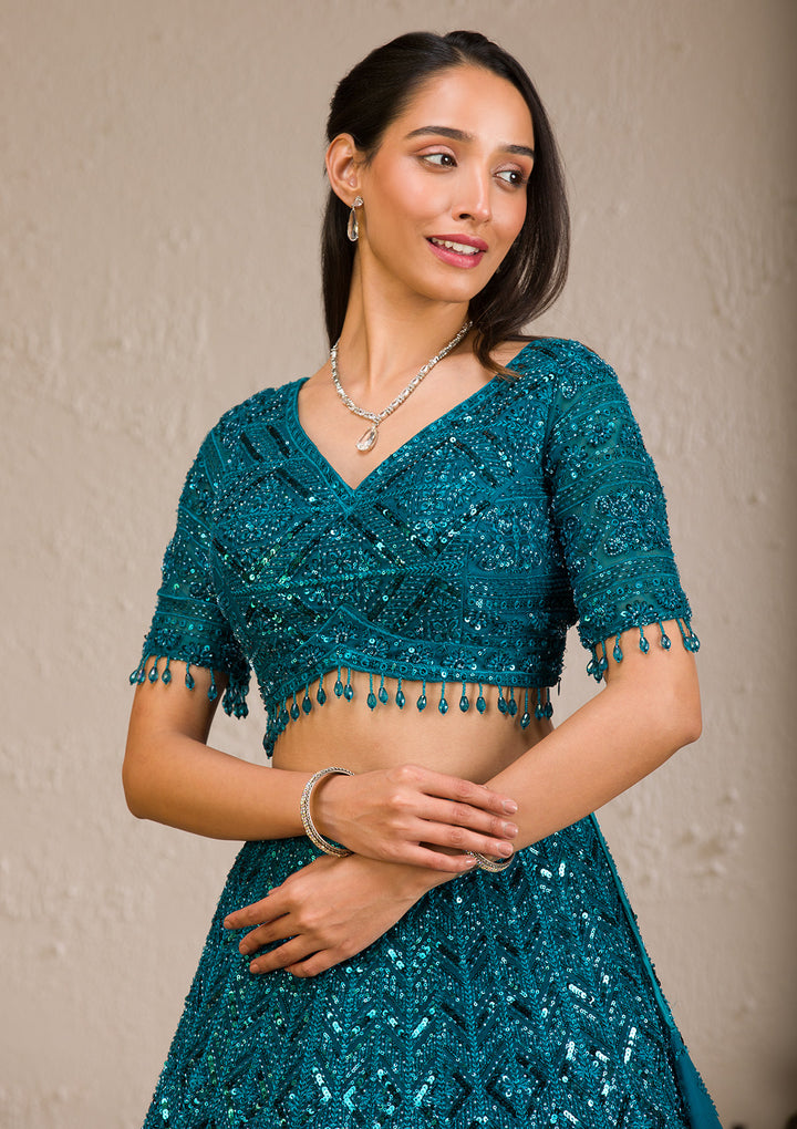 Peacock Blue Sequins Net Readymade Lehenga