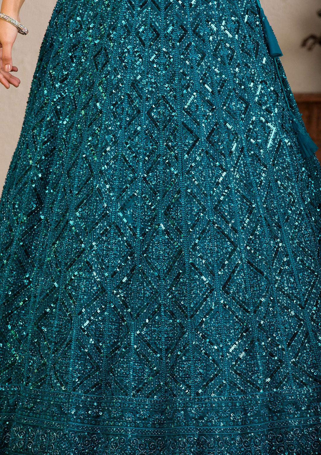 Peacock Blue Sequins Net Readymade Lehenga