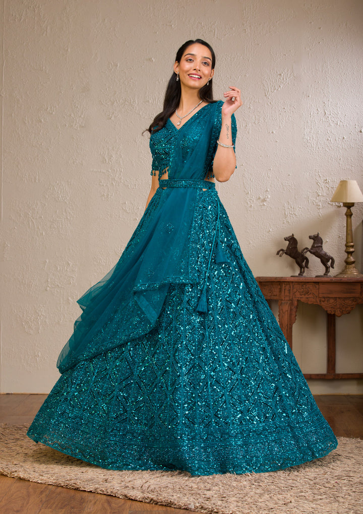 Peacock Blue Sequins Net Readymade Lehenga