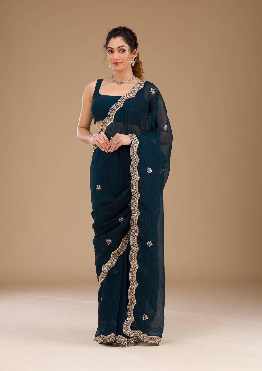 Peacock Blue Sequins Tissue Saree-Koskii