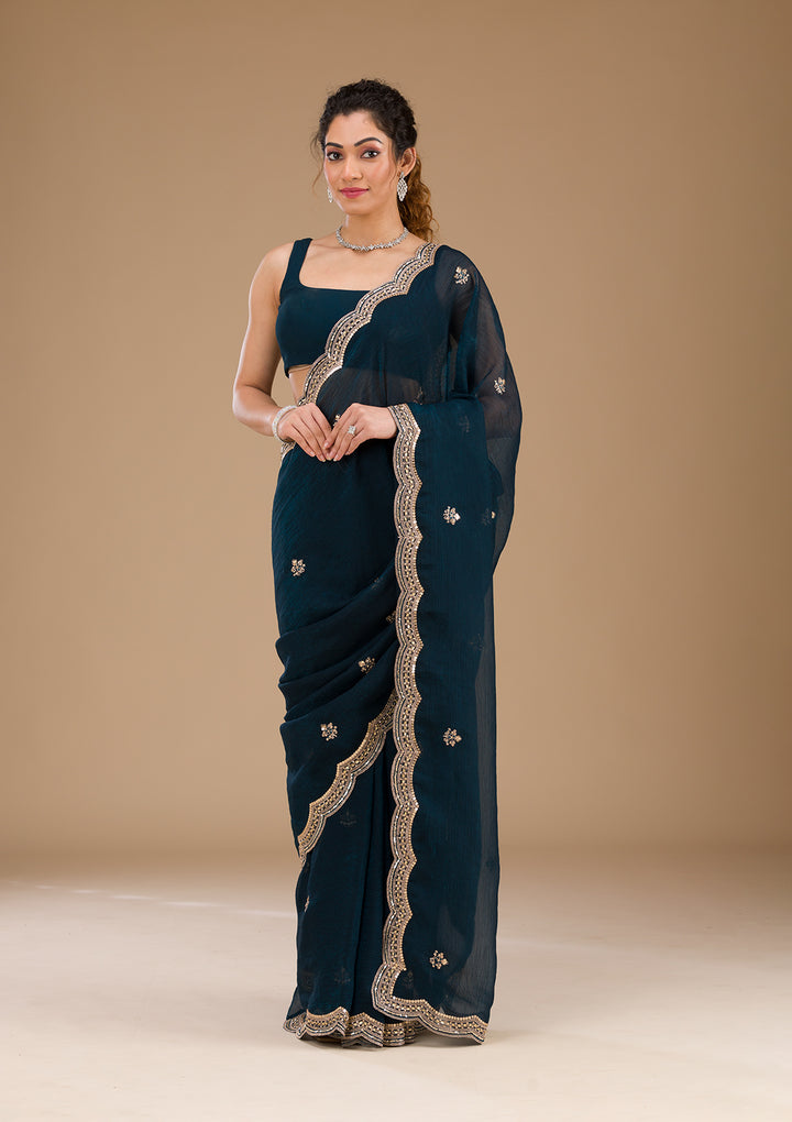 Peacock Blue Sequins Tissue Saree-Koskii