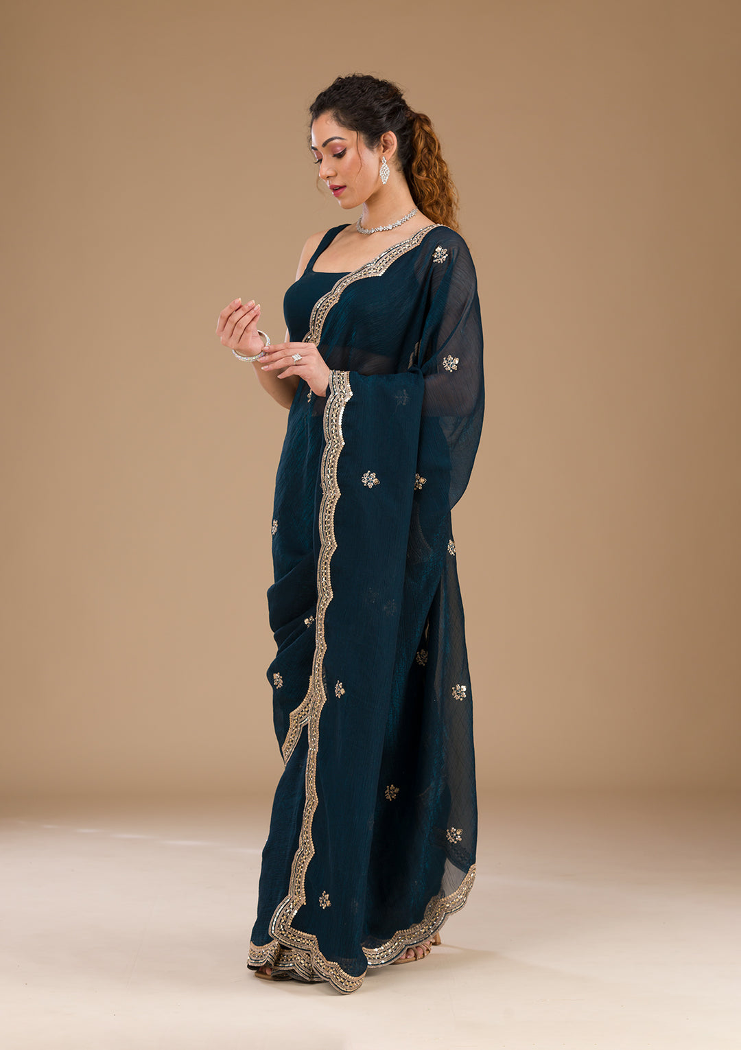 Peacock Blue Sequins Tissue Saree-Koskii