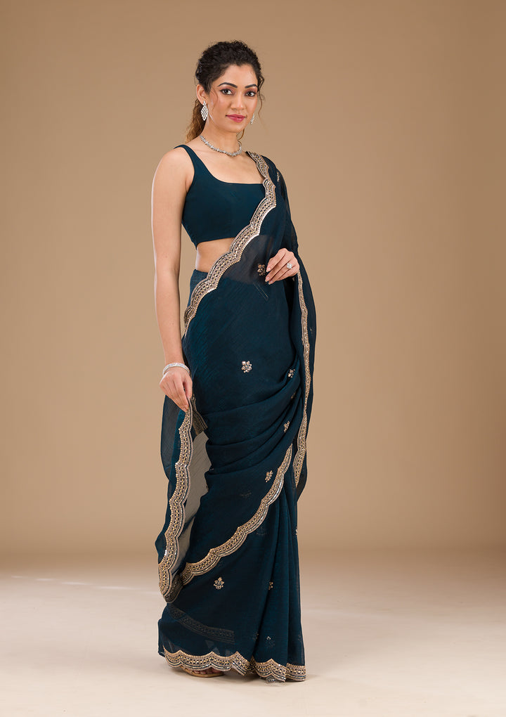 Peacock Blue Sequins Tissue Saree-Koskii