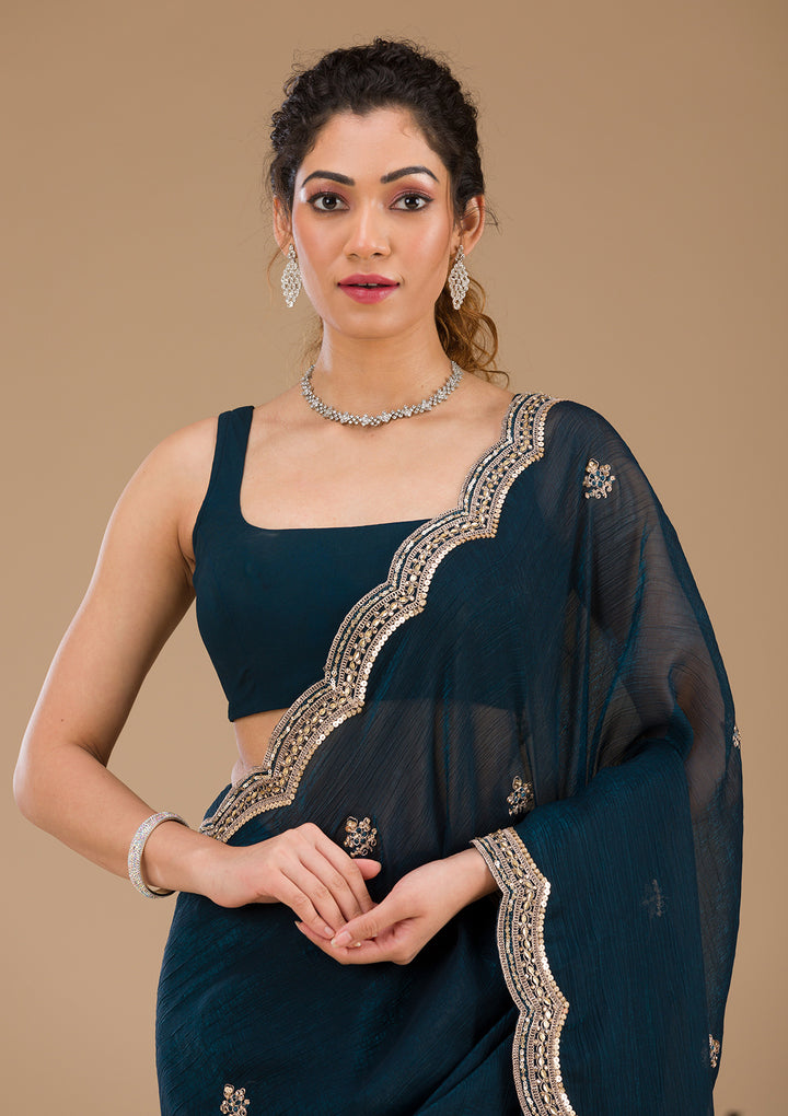 Peacock Blue Sequins Tissue Saree-Koskii