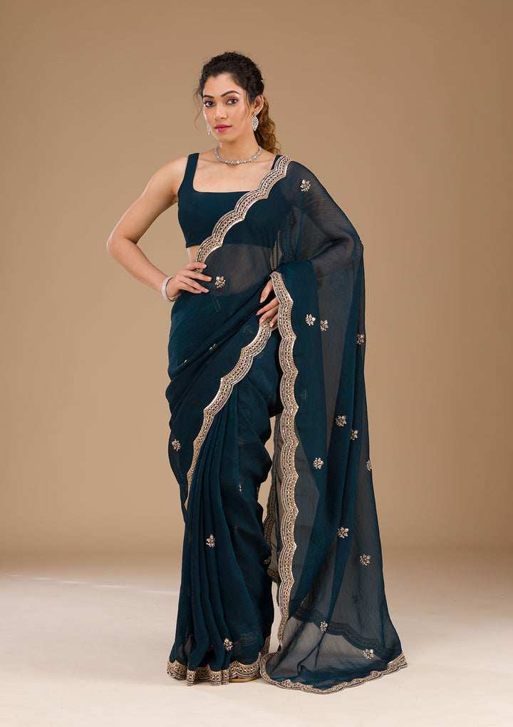 Peacock Blue Sequins Tissue Saree-Koskii