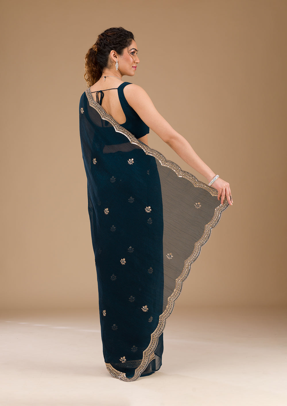 Peacock Blue Sequins Tissue Saree-Koskii