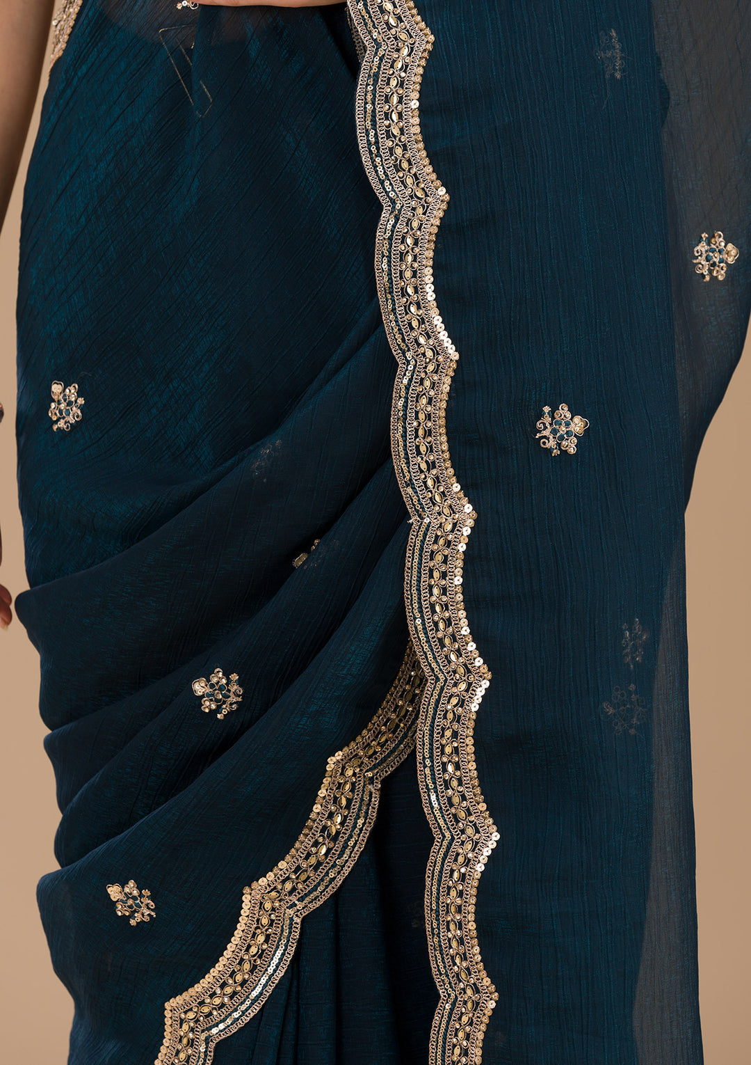 Peacock Blue Sequins Tissue Saree-Koskii