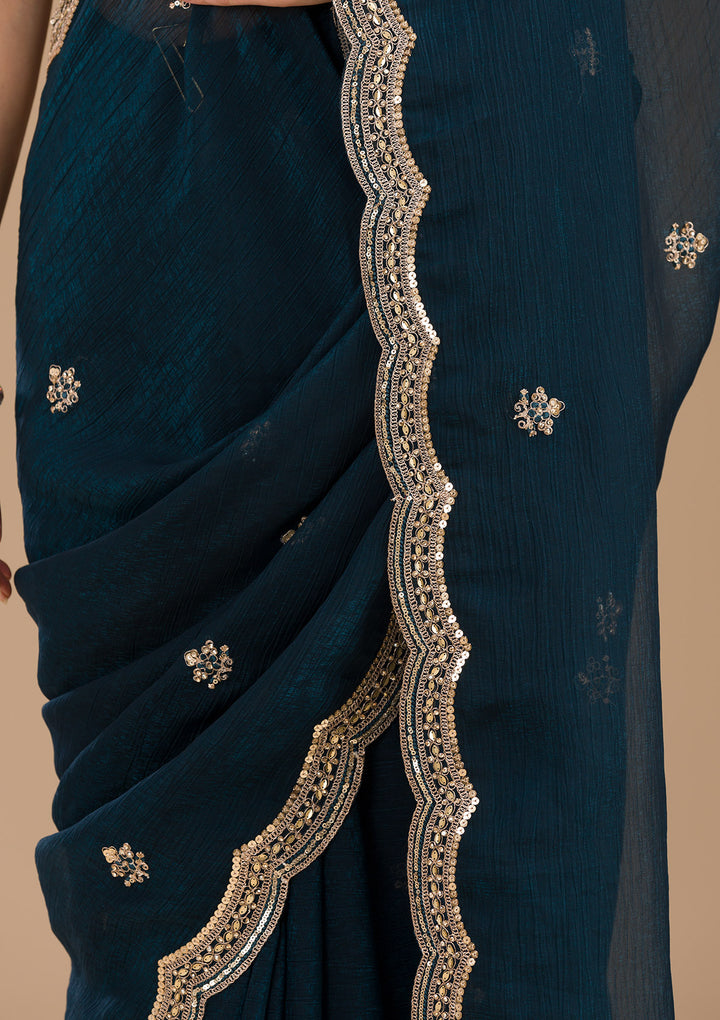 Peacock Blue Sequins Tissue Saree-Koskii