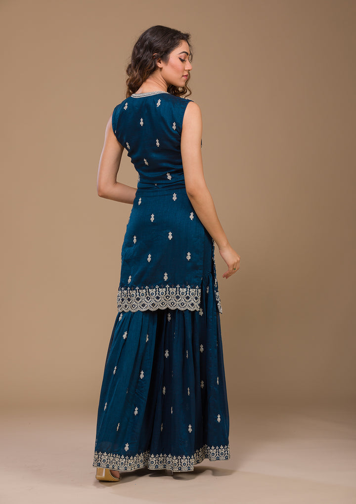 Peacock Blue Silver Zariwork Raw Silk Readymade Salwar Suit-Koskii