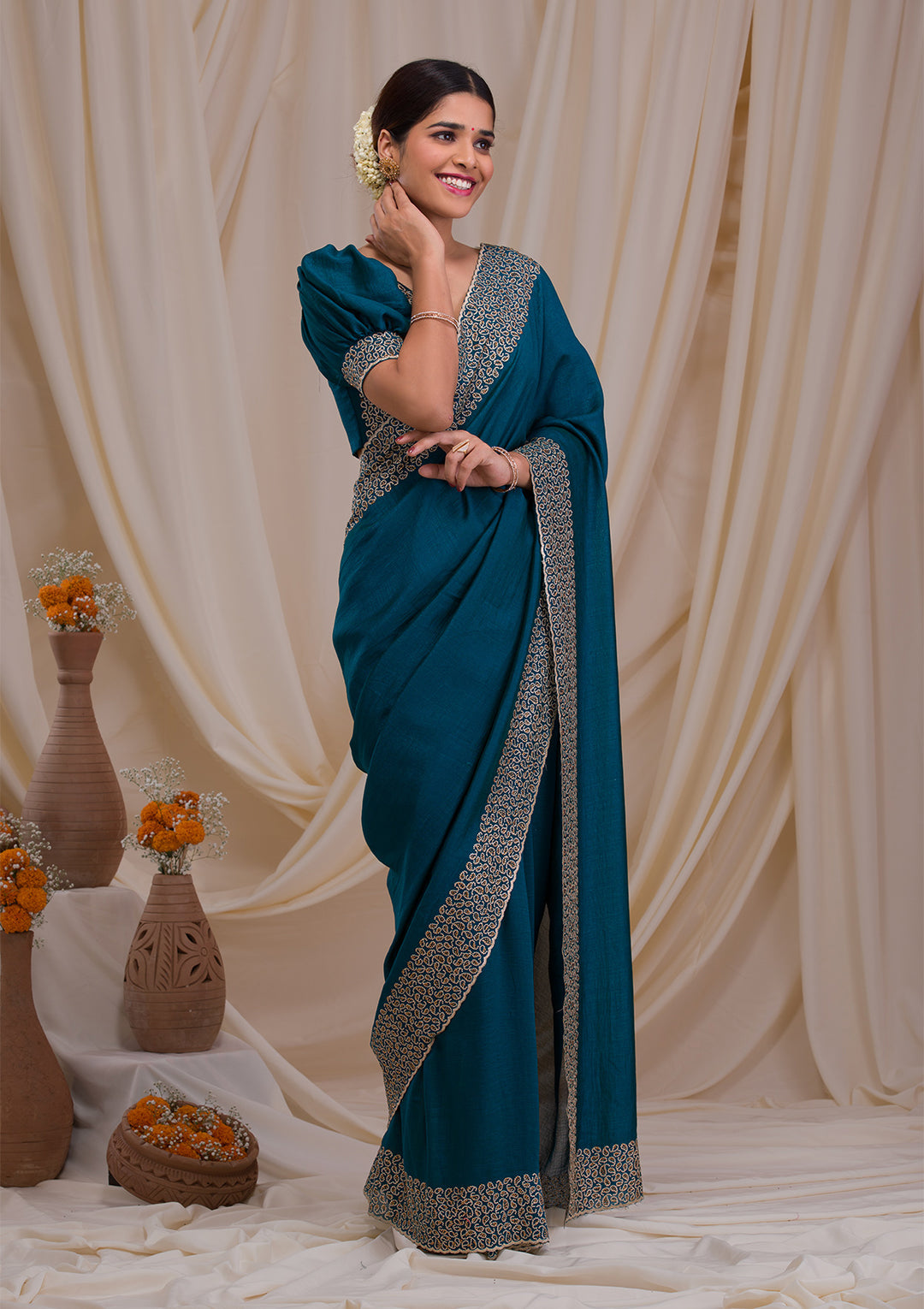 Peacock Blue Stonework Art Silk Saree