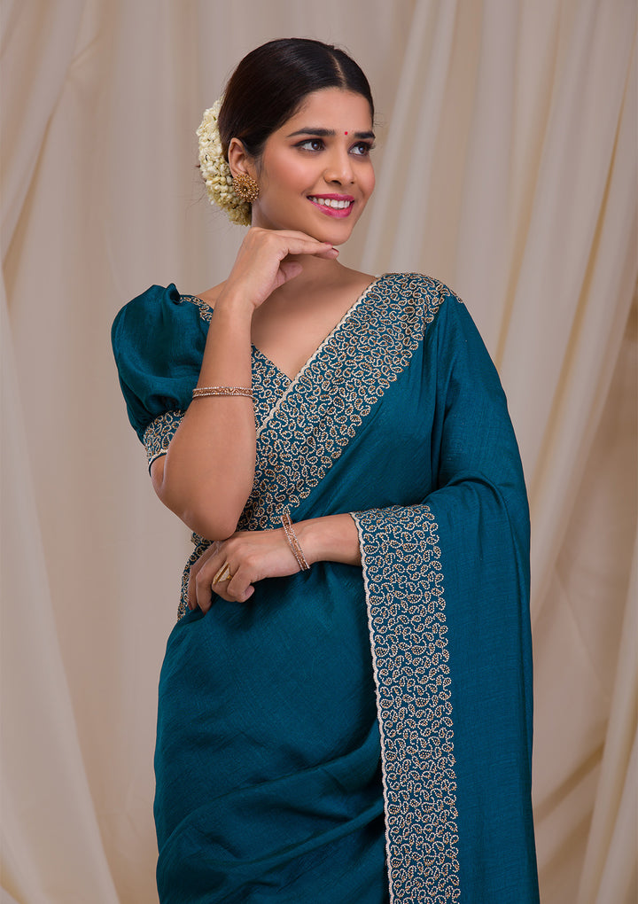 Peacock Blue Stonework Art Silk Saree