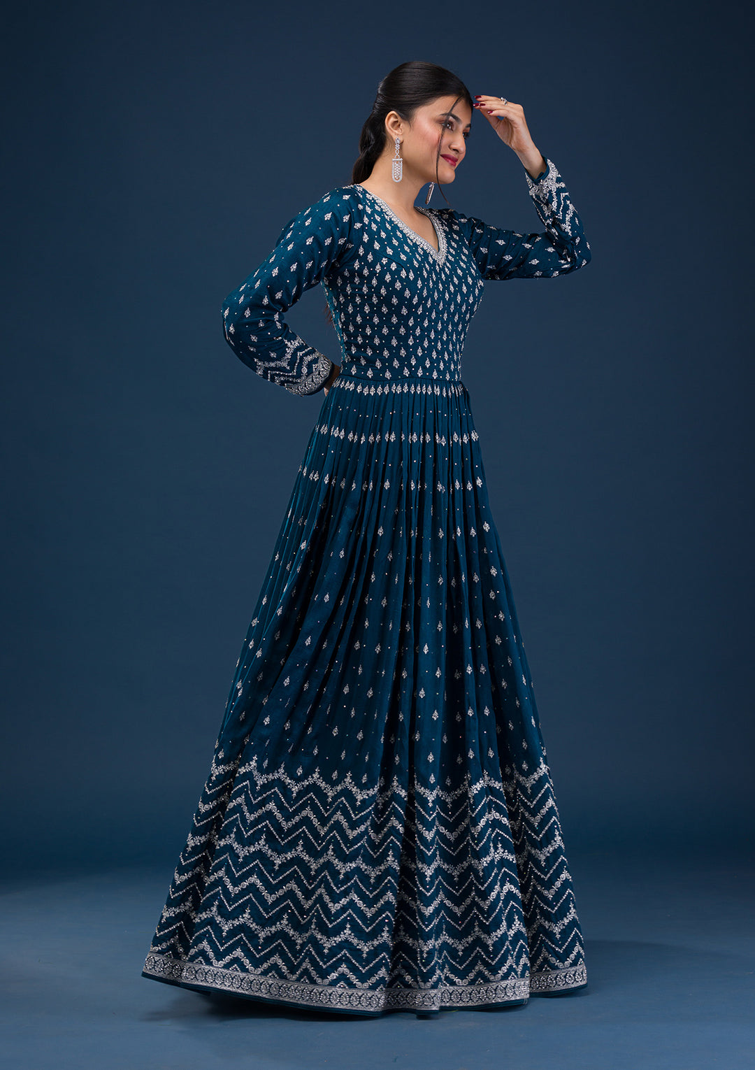 Peacock Blue Stonework Raw Silk Readymade Anarkali Suit
