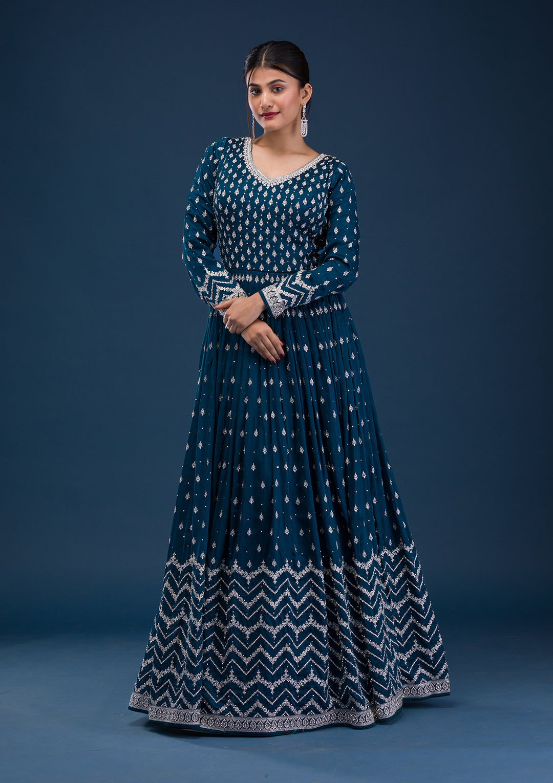 Peacock Blue Stonework Raw Silk Readymade Anarkali Suit