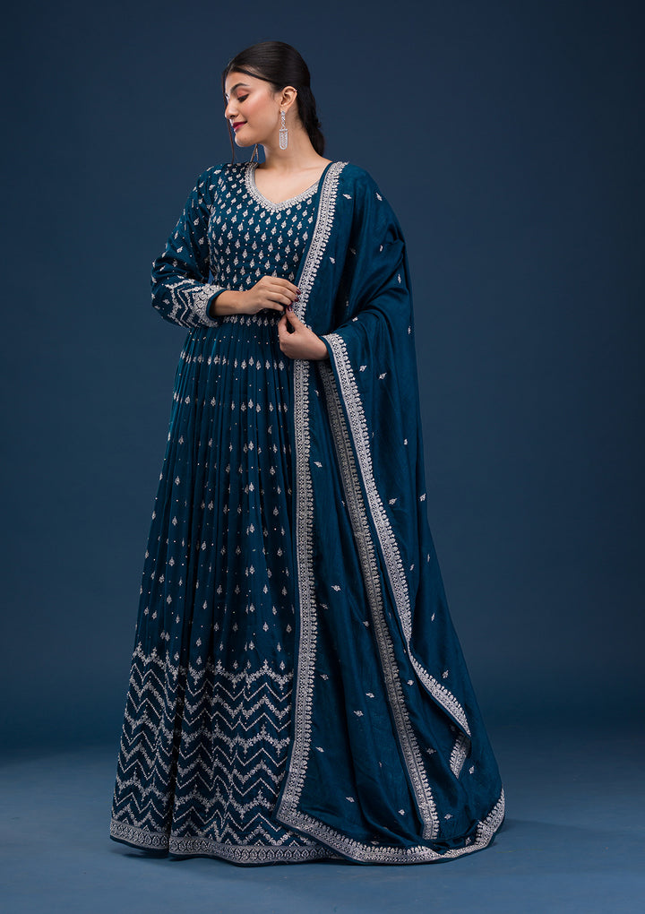 Peacock Blue Stonework Raw Silk Readymade Anarkali Suit