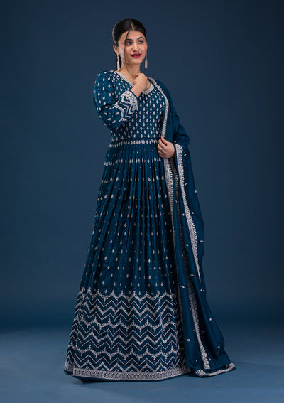 Peacock Blue Stonework Raw Silk Readymade Salwar Suit